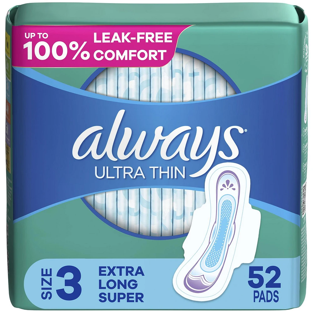 Always Ultra Thin Feminine Pads with Wings for Women, Size 3, Extra Long Super Absorbency, Unscented, 52CT