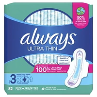 Always Ultra Thin Feminine Pads with Wings for Women, Size 3, Extra Long Super Absorbency, Unscented, 52CT