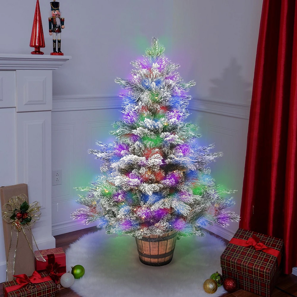 4.5 FT prelit flocked potted pine tree,100 5mm dual led (warm white/multi),8 functions,329 tips