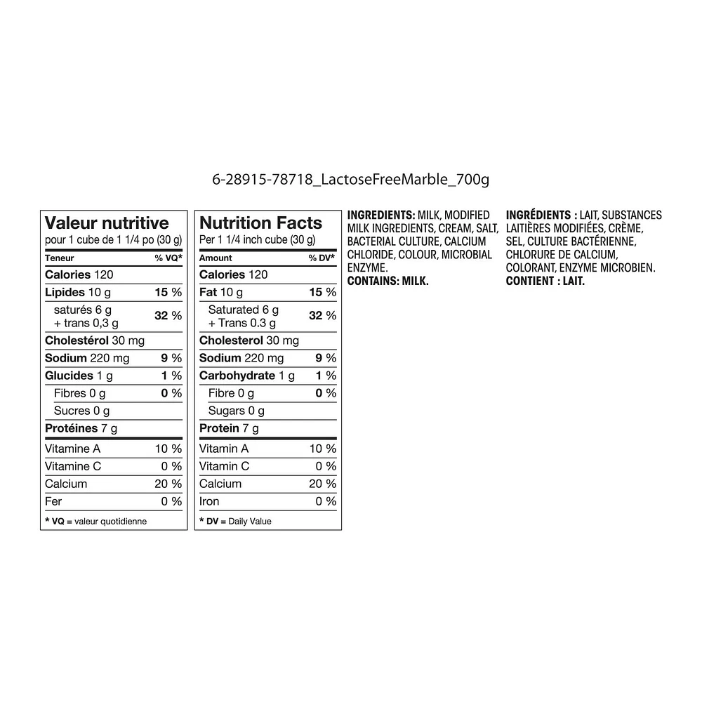 Great Value Lactose Free Marble Cheddar Cheese, 700 g