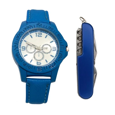 Men's Easy Read Analog Blue PU Strap Watch with Multi use tool and Pouch