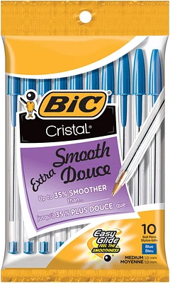 BIC Cristal Extra Smooth Ballpoint Pens, Medium Point (1.0 mm), Assorted Colours, 10-Count Pack, Extra Smooth and Reliable Ballpoint Pens, Pack of 10