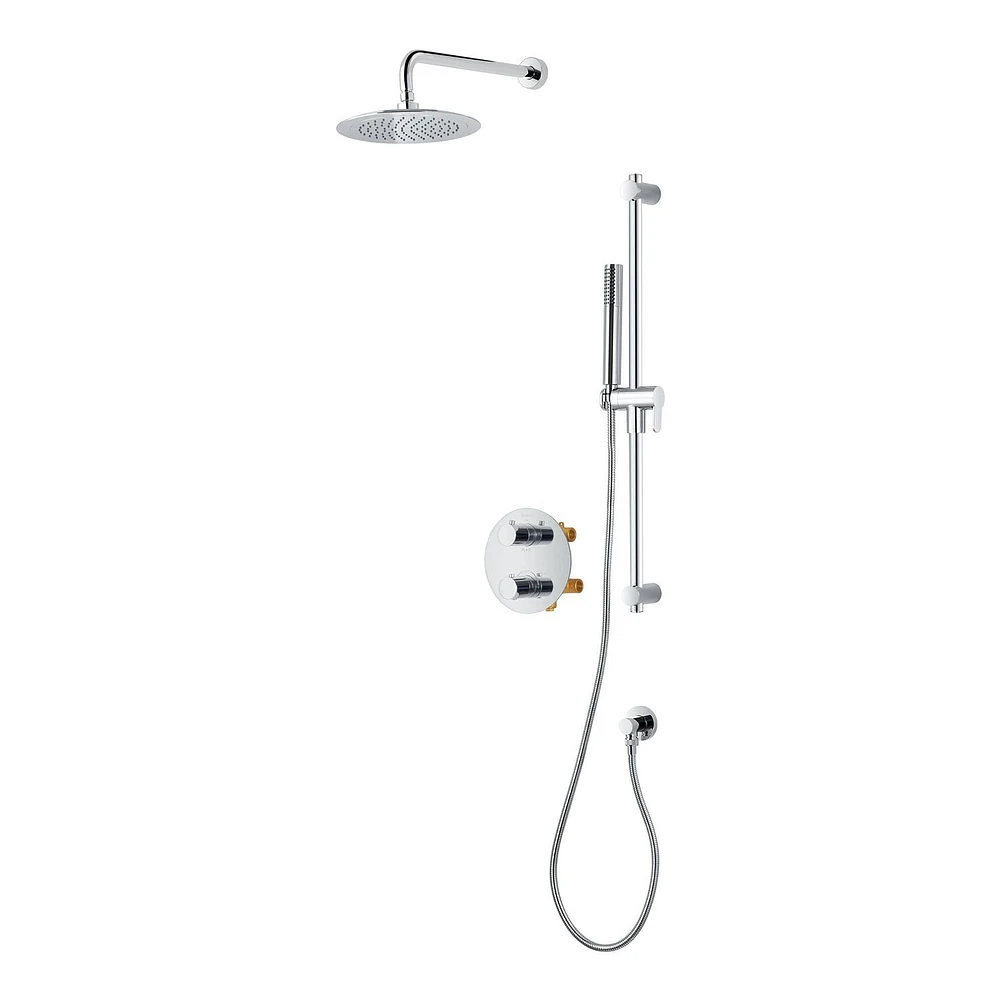 Round 3-functions thermostatic valve. handheld shower and shower head, or simultaneously