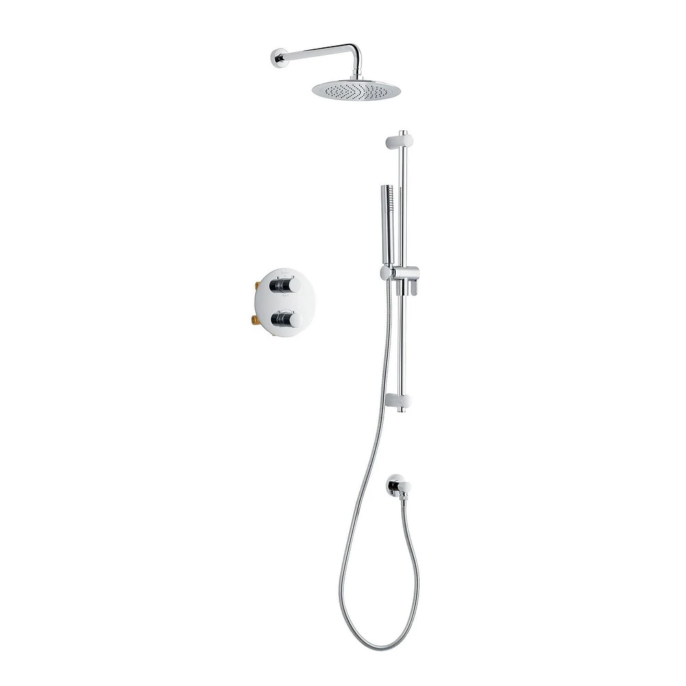 Round 3-functions thermostatic valve. handheld shower and shower head, or simultaneously