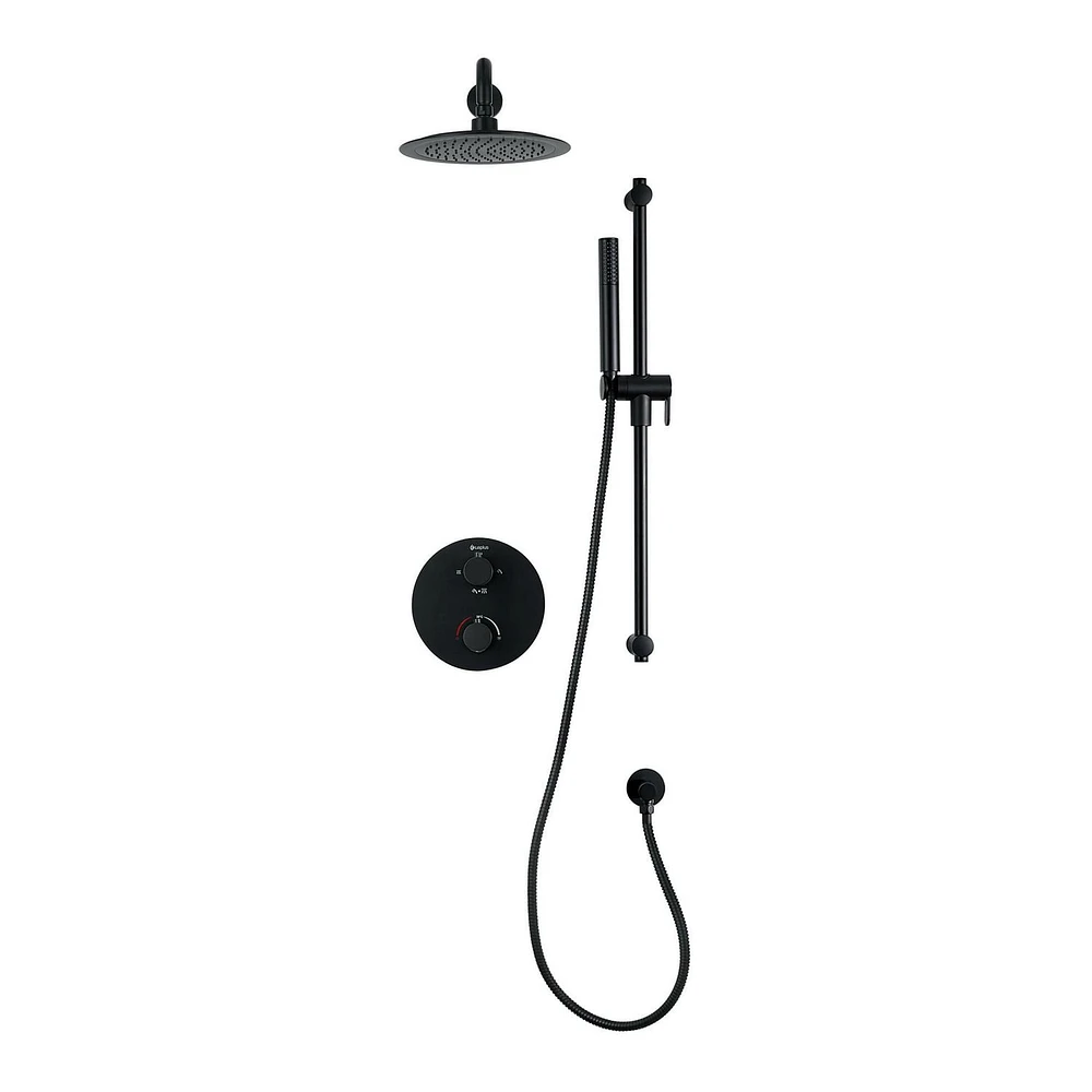 Round 3-functions thermostatic valve. handheld shower and shower head, or simultaneously, Matte black finish