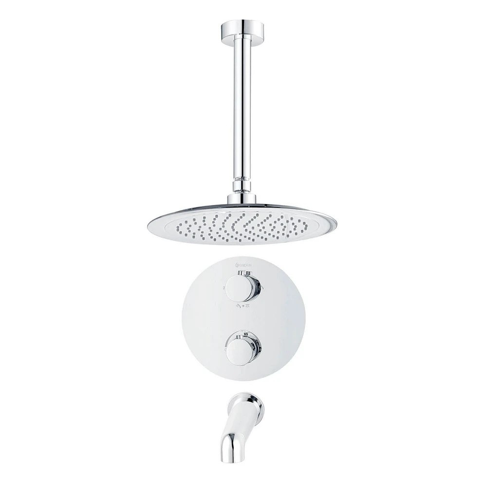 Round 3-functions thermostatic valve, shower heads 9.5-in., bath spout or simultaneously, chrome finish