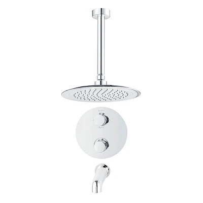 Round 3-functions thermostatic valve, shower heads 9.5-in., bath spout or simultaneously, chrome finish