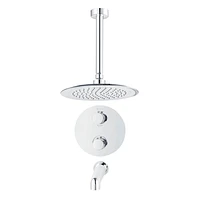 Round 3-functions thermostatic valve, shower heads 9.5-in., bath spout or simultaneously, chrome finish