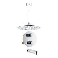 Round 3-functions thermostatic valve, shower heads 9.5-in., bath spout or simultaneously, chrome finish