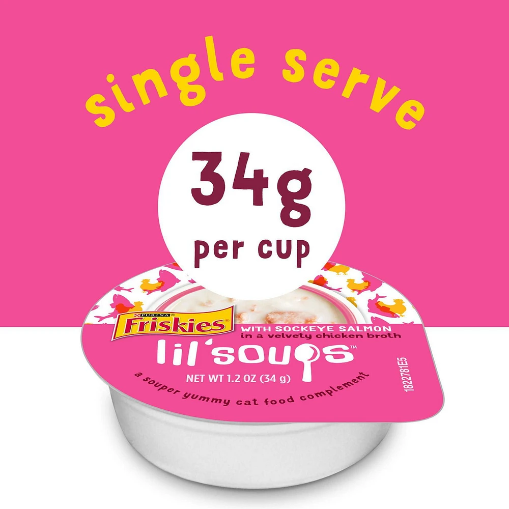 Friskies Lil' Soups Salmon in Chicken Broth, Cat Food Complement 34g, 34 g