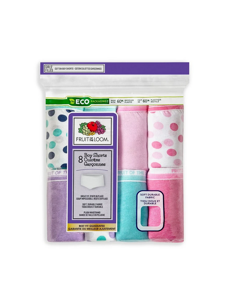 Fruit of the Loom Girls Boy Short Underwear, 8-Pack, Sizes 4 to 14
