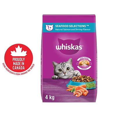 Nourriture sèche pour chats adultes WHISKAS Sélections aux fruits de mer avec arôme naturel de saumon et de crevettes 2- 9,1 kg