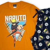 Naruto Mens pj set. This pyjama set for men consists of a short sleeve crew neck tee shirt and knee length shorts with elastic waist band and drawstring and