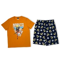 Naruto Mens pj set. This pyjama set for men consists of a short sleeve crew neck tee shirt and knee length shorts with elastic waist band and drawstring and