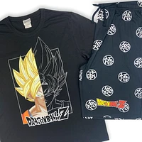 Dragon Ball Z Mens pj set. This pyjama set for men consists of a short sleeve crew neck tee shirt and knee length shorts with elastic waist band and drawstring and