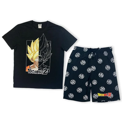 Dragon Ball Z Mens pj set. This pyjama set for men consists of a short sleeve crew neck tee shirt and knee length shorts with elastic waist band and drawstring and