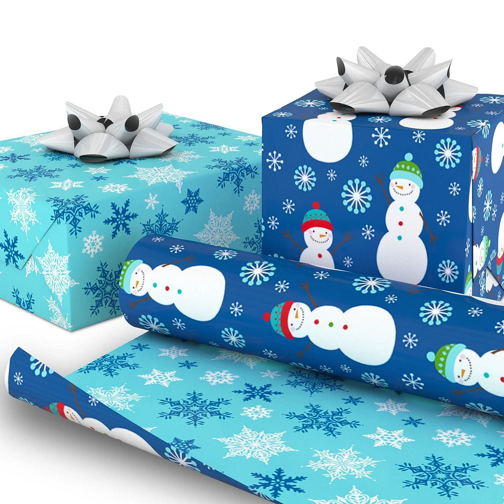 Hallmark Reversible Christmas Wrapping Paper (Snowmen and Snowflakes on Blue)