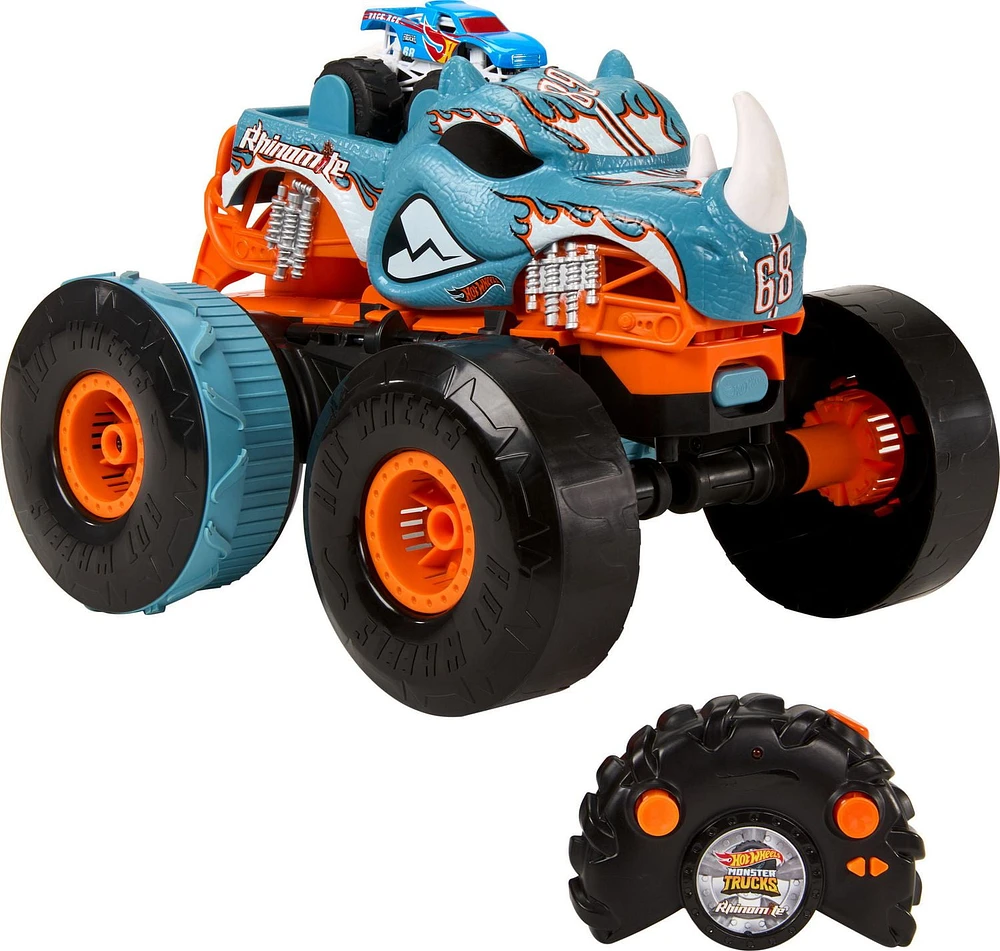 Hot Wheels Monster Trucks HW Transforming Rhinomite RC in 1:12 Scale with 1:64 Scale Toy Truck