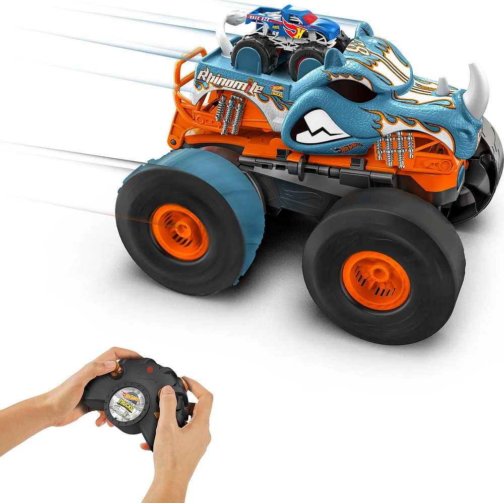 Hot Wheels Monster Trucks HW Transforming Rhinomite RC in 1:12 Scale with 1:64 Scale Toy Truck