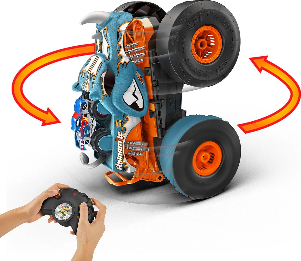 Hot Wheels Monster Trucks HW Transforming Rhinomite RC in 1:12 Scale with 1:64 Scale Toy Truck