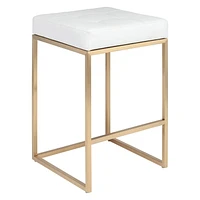 PIPE II COUNTER STOOL with tufted cushion and brushed gold stainless steel frame.