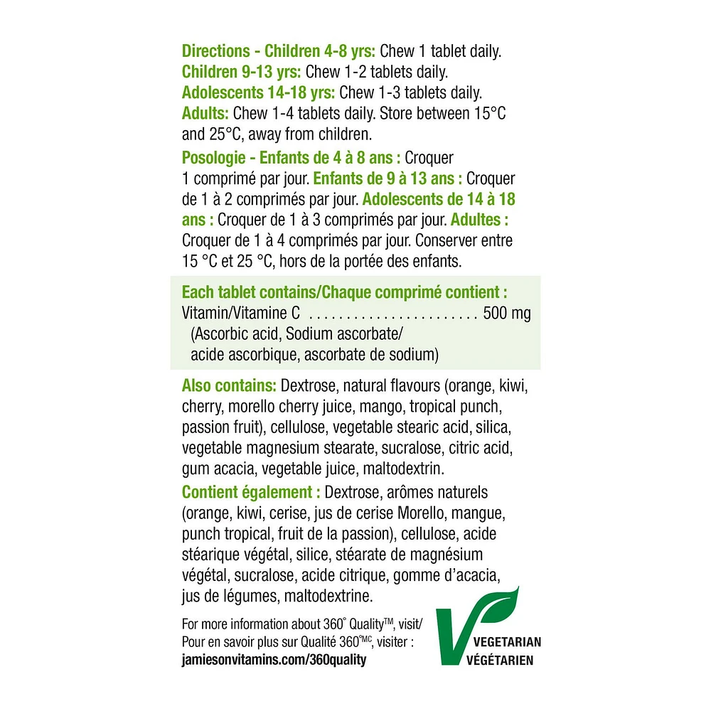 Jamieson Vitamine C à croquer 500 mg - 3 saveurs assorties 100 + 20 comprimés à croquer
