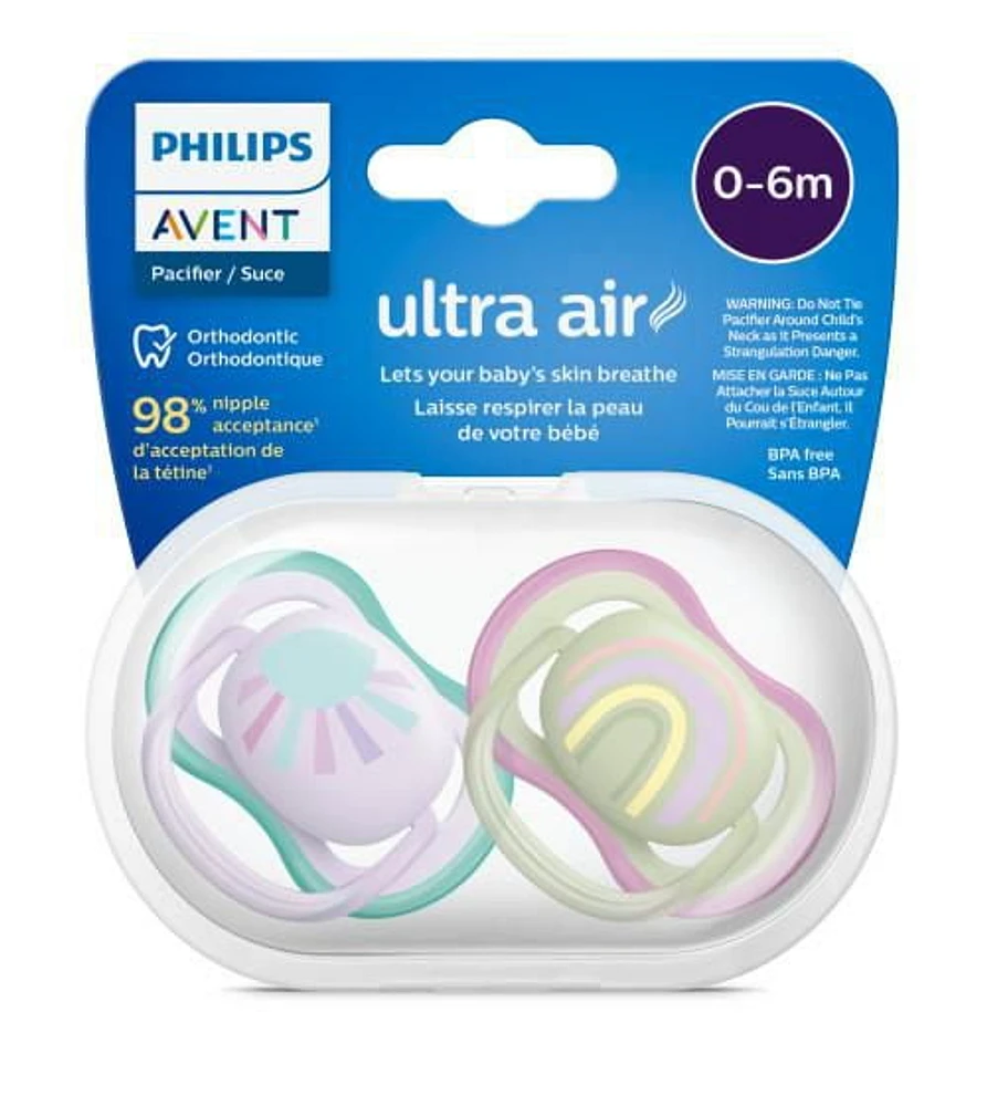 Philips Avent Ultra Air Pacifier 0-6m, lilac sun / green rainbow, 2 pack, SCF085/59, Avent Ultra Air Pacifier 0-6m sun / rainbow 2pk