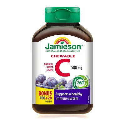 Jamieson Vitamine C 500 mg à croquer - Jus de raisin 100 + 20 comprimés à croquer