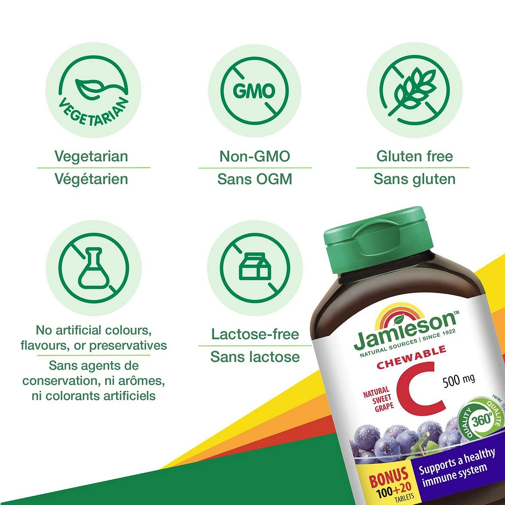 Jamieson Chewable Vitamin C Grape Juice Flavour 500 mg Tablets, 100+20 chewable tablets