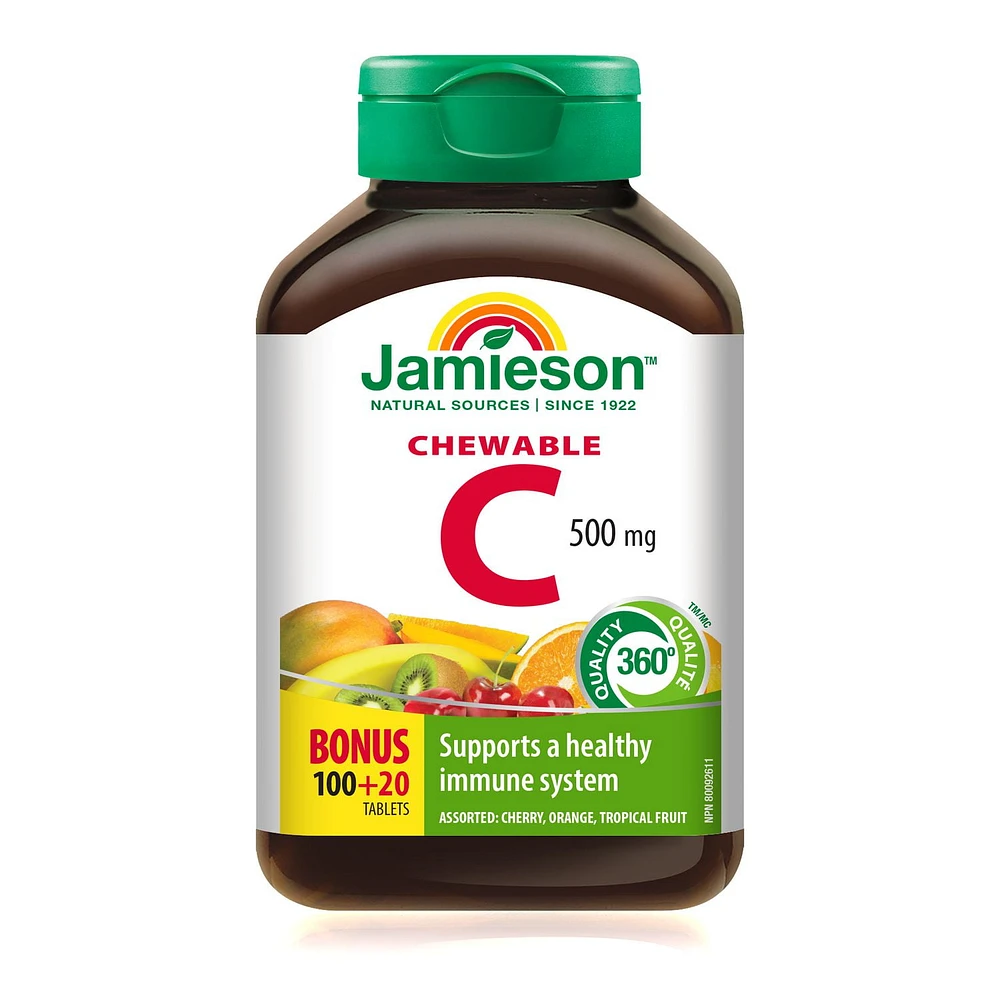 Jamieson Chewable Vitamin C Mixed 3 Flavours 500 mg Tablets, 100+20 chewable tablets