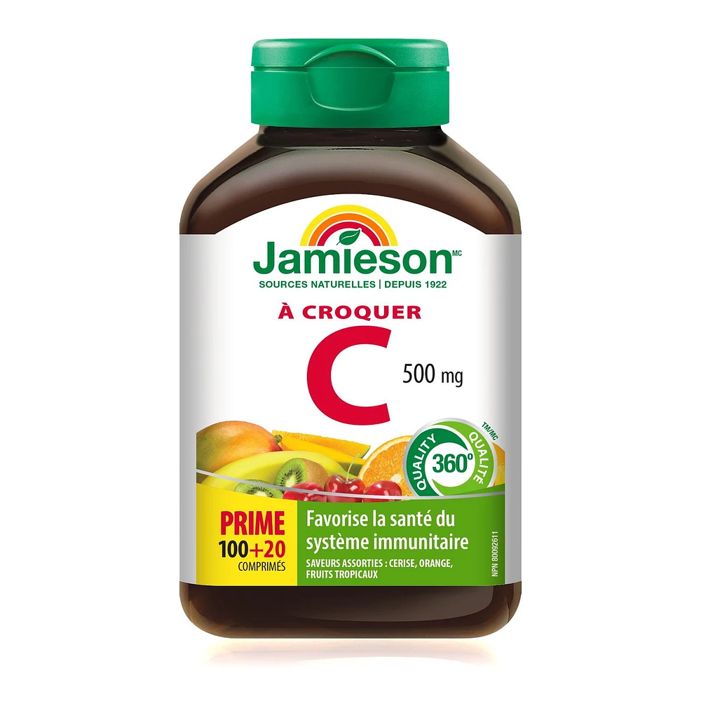 Jamieson Vitamine C à croquer 500 mg - 3 saveurs assorties 100 + 20 comprimés à croquer
