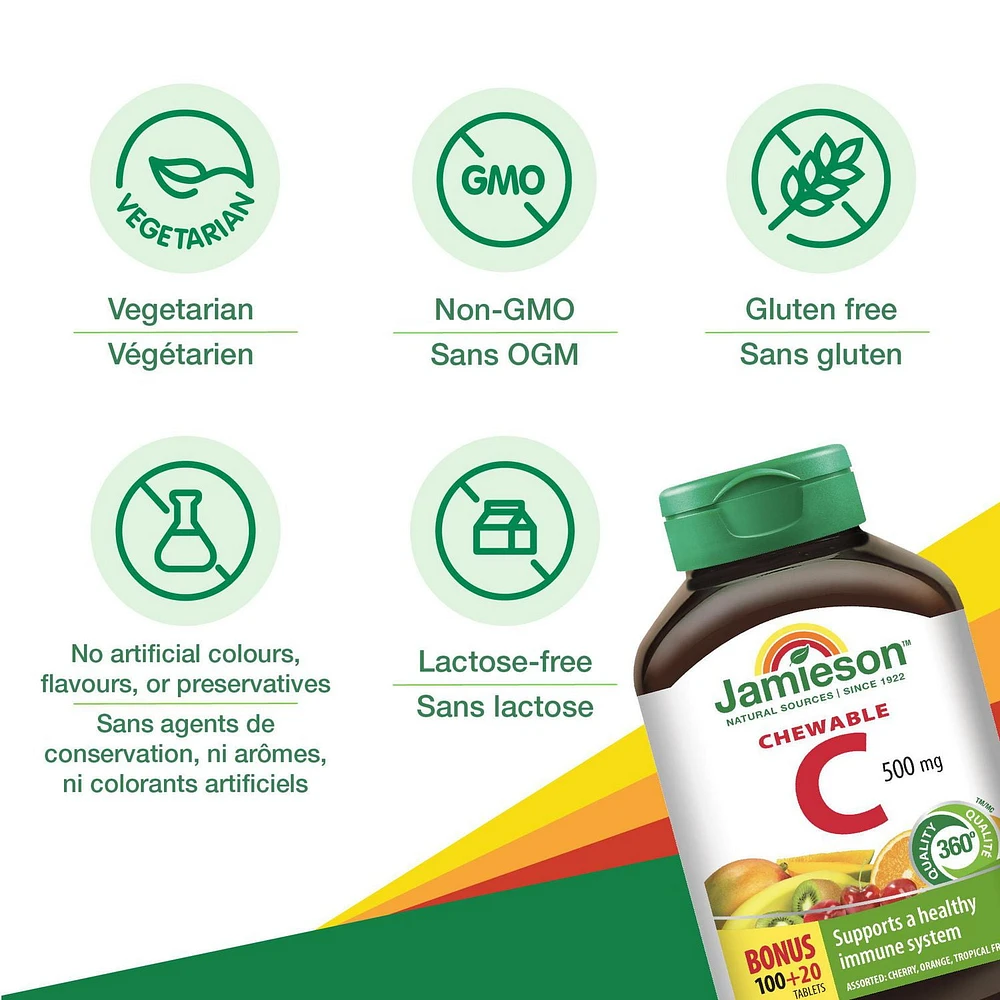 Jamieson Vitamine C à croquer 500 mg - 3 saveurs assorties 100 + 20 comprimés à croquer