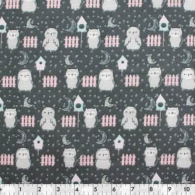 Fabric Creations Dark Grey with Owls and Pink Fences Cotton Fabric by the Metre