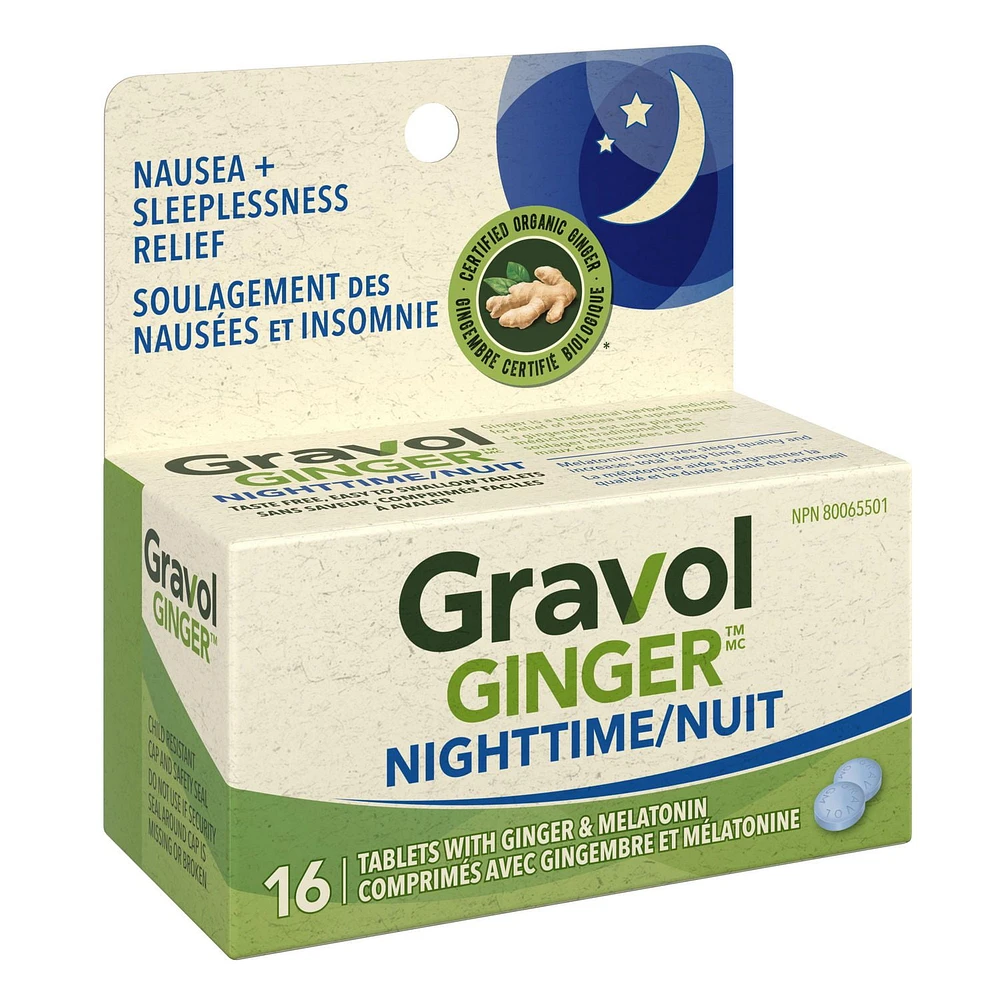 Gravol Ginger  Comprimés Pour La Nuit avec Mélatonine 16 Comprimés