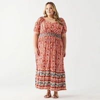 DV Floral print smocked waist maxi with S/S and a tiered ruffled hem