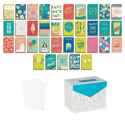 American Greetings 35-Count Birthday Card Assortment with Envelopes, Seals, and Storage Box (Confetti)