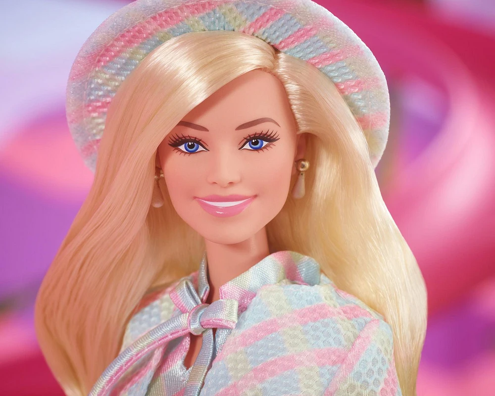 Barbie The Movie Doll, Margot Robbie as Barbie, Collectible Doll Wearing Blue Plaid Matching Set with Matching Hat and Jacket