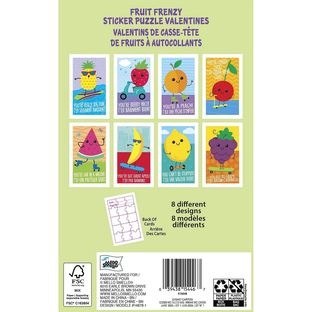 Mello Smello Valentine's Day Fruit Frenzy Sticker Puzzle Valentines Kiddie Cards, 32 CT