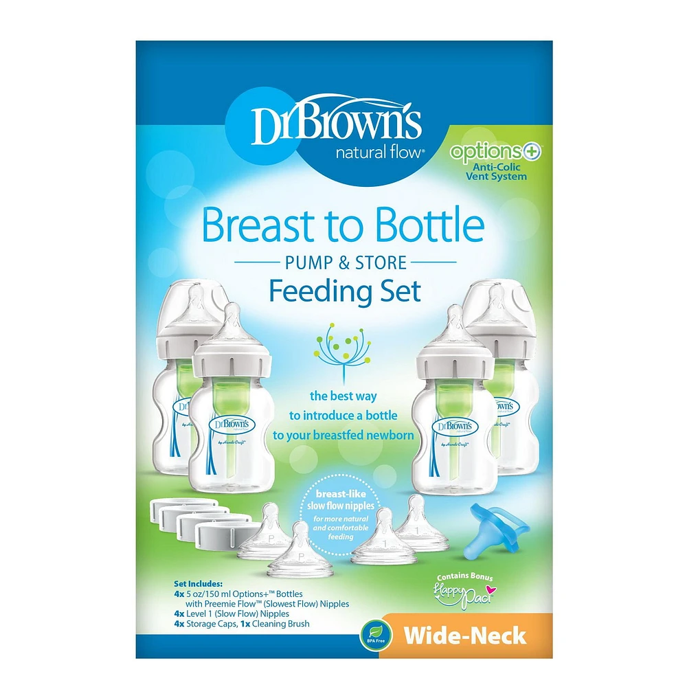 Dr. Brown’s® Natural Flow Anti-Colic Options+ Wide-Neck Breast to Bottle Pump & Store Feeding Set with Slow Flow Nipples, Baby Bottle Travel Caps and 100% Silicone HappyPaci™ One-Piece Pacifier, 5 oz