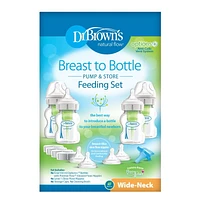 Dr. Brown’s® Natural Flow Anti-Colic Options+ Wide-Neck Breast to Bottle Pump & Store Feeding Set with Slow Flow Nipples, Baby Bottle Travel Caps and 100% Silicone HappyPaci™ One-Piece Pacifier, 5 oz