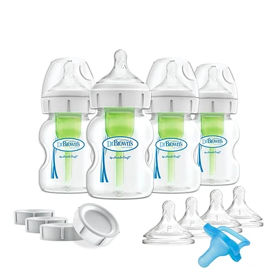 Dr. Brown’s® Natural Flow Anti-Colic Options+ Wide-Neck Breast to Bottle Pump & Store Feeding Set with Slow Flow Nipples, Baby Bottle Travel Caps and 100% Silicone HappyPaci™ One-Piece Pacifier, 5 oz