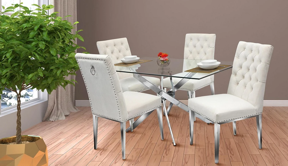 K-Living Marly 5PCS Dining Set with 60" Rectangle Tempered Glass with Chrome Base Table and Velvet Chairs in Beige (1 Table and 4 Chairs)