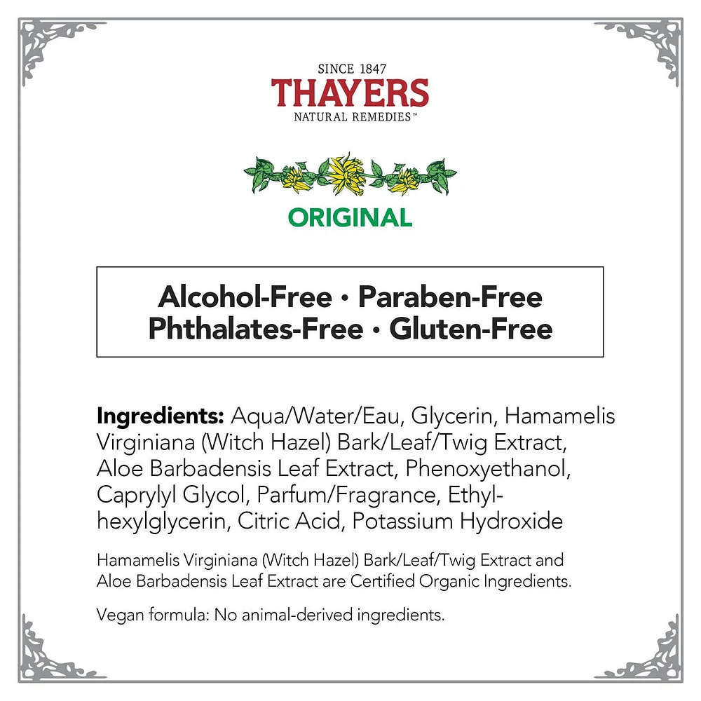 Thayers Original Facial Toner Alcohol-Free Witch Hazel and Aloe Vera, 355 mL