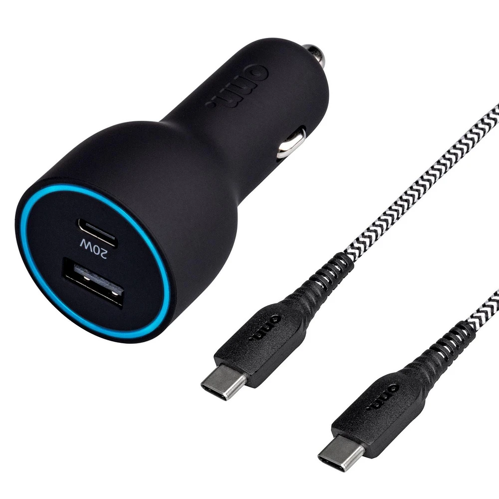 onn. Fast Charge USB and USB-C 3 FT. Dual-Port Car Charging Kit with 20W Power Delivery, 20/12 Watts