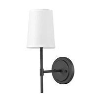 Globe Electric Clarissa 1-Light Wall Sconce, Matte Black, White Fabric Shade, 51859