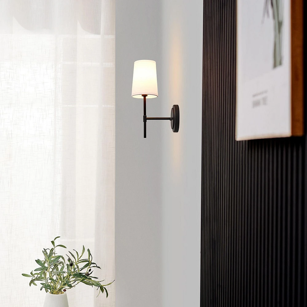 Globe Electric Clarissa 1-Light Wall Sconce, Matte Black, White Fabric Shade, 51859