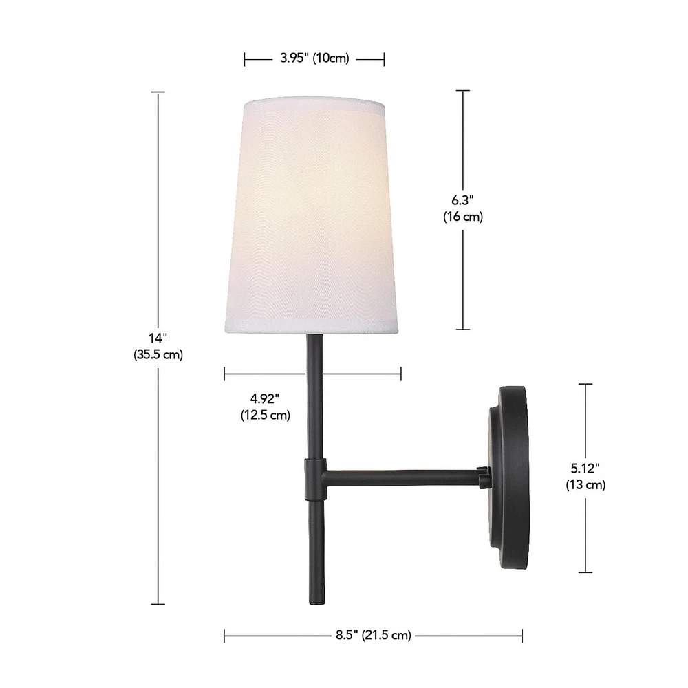 Globe Electric Clarissa 1-Light Wall Sconce, Matte Black, White Fabric Shade, 51859