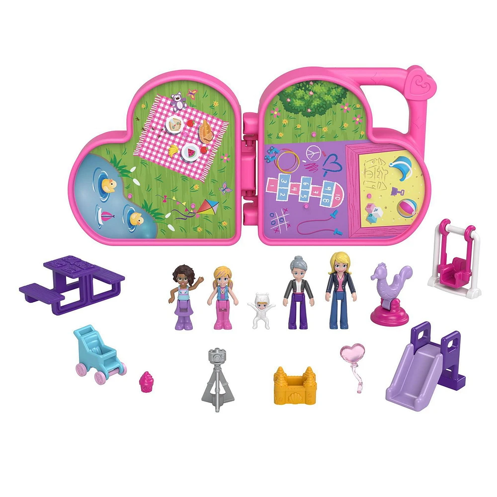 Polly Pocket Polly & Friends Pack, Family Picnic Theme, Heart-shaped Case, Scenic Backdrop, 4 Micro Dolls, 10 Accessories, Pop & Swap Feature, Great Gift for Ages 4 Years Old & Up