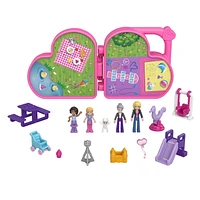 Polly Pocket Polly & Friends Pack, Family Picnic Theme, Heart-shaped Case, Scenic Backdrop, 4 Micro Dolls, 10 Accessories, Pop & Swap Feature, Great Gift for Ages 4 Years Old & Up