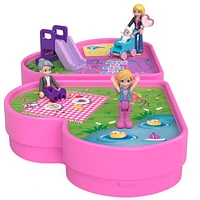 Polly Pocket Polly & Friends Pack, Family Picnic Theme, Heart-shaped Case, Scenic Backdrop, 4 Micro Dolls, 10 Accessories, Pop & Swap Feature, Great Gift for Ages 4 Years Old & Up